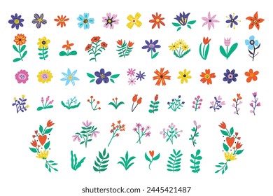 Collection of spring flowers. Flat style illustration isolated on background. Floral cartoon collection for easter, holiday, cards, children books and posters. 