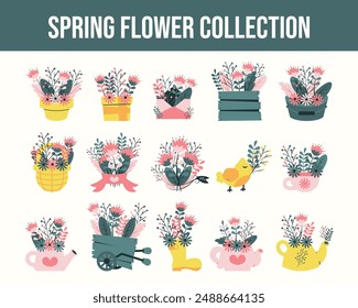 Collection of spring flowers with flat style