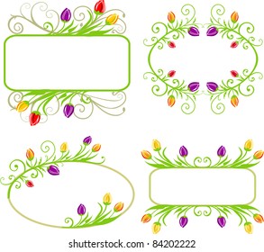 Collection of spring flowers frames, tulips and swirl on white background with space for your text