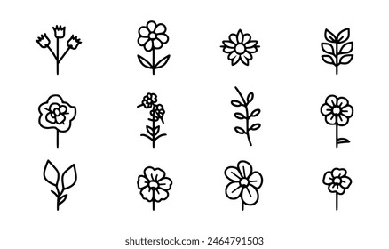 colección de iconos e ilustraciones de flores de primavera. concepto blanco y negro