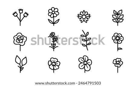 collection of spring flowers icons and illustrations. balck and white concept