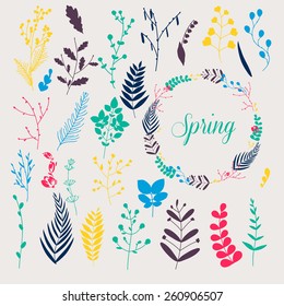 Collection of spring flowers, leaves, dandelion, grass. Design for invitation, wedding or greeting cards.