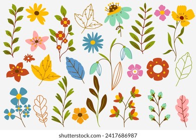 Collection of spring flowers and leaves, hand draw floral bouquets for patterns, greeting cards, invitation or posters. 