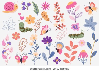Collection of spring flowers and leaves, hand draw floral bouquets for patterns, greeting cards, invitation or posters. 