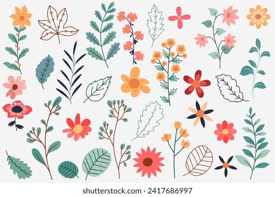 Collection of spring flowers and leaves, hand draw floral bouquets for patterns, greeting cards, invitation or posters. 