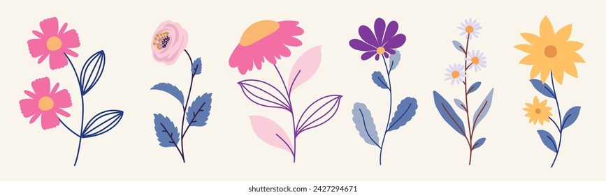 Collection of spring flowers and leaves, hand draw florals for patterns, greeting cards, invitation or posters. Cartoon  modern flowers on white background. Vector floral arrangements. 