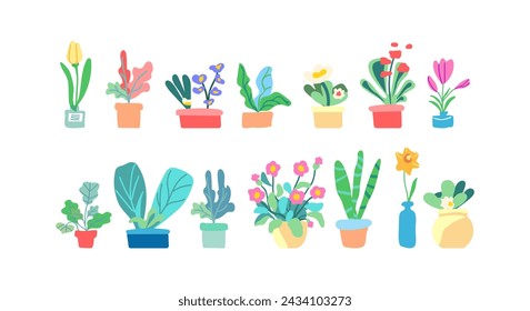 Collection spring flowers and leaves in the pot. Flowering plants. Blooming flowers and foliage. Flat graphic vector illustration on white background. Colorful hand drawn illustration
