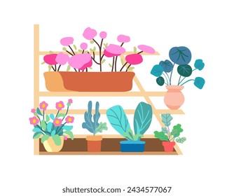 Colección de flores de primavera y hojas en la olla. Plantas con flores. Flores y follaje florecientes. Ilustración de vector gráfico plano sobre fondo blanco. Colorida ilustración dibujada a mano