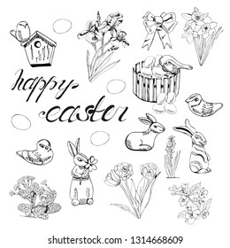 Collection  of spring flowers, nesting box, bow and little birds. Hand drawn monochrome sketch isolated on white background for Happy Easter decoration. Vector illustration.
