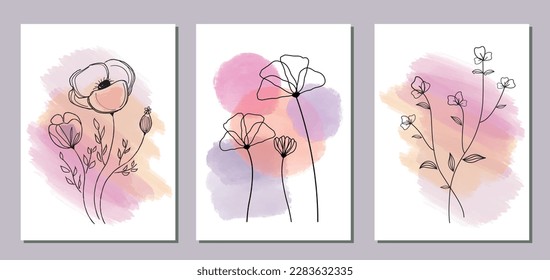 Collection of spring flowers on watercolor backgrounds. Vector illustration
