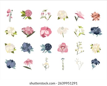 Collection of spring flowers and plants isolated on white. Hand-drawn wildflowers, leafy branches, and foliage perfect for decor, Easter, Thanksgiving, and creative projects. Vibrant floral vectors
