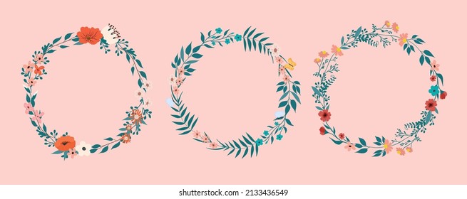 Colección de marcos primaverales de flores y hojas. Colores pastel primaverales suaves. Diseño dibujado a mano para afiche, tarjeta, invitación, cartel, folleto. Ilustración vectorial.