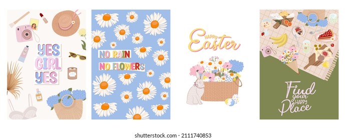 Collection of Spring greeting or invitation cards, Spring picnic, Easter, Woman's Day, Hello Spring. Editable Vector Illustration.