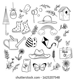 collection of spring icons with doodle or hand drawn style
