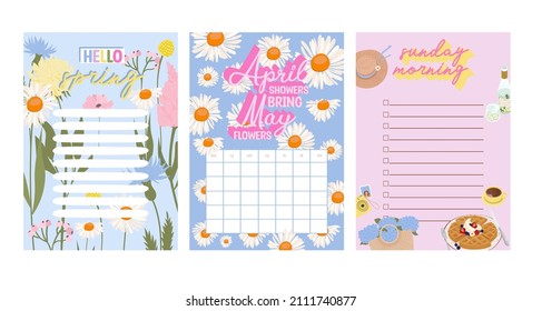 Collection of Spring planner, to do list, schedule witn spring elements, flowers. Editable Vector Illustration.