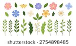 Collection of spring retro flower elements. Botanical art of wildflower, leaf branch, foliage isolated on white background. Hand drawn blossom vector illustration for wedding, easter, birthday design.