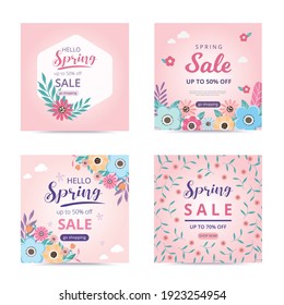 Collection Spring Sale Template With Blossom Flowers Beautiful. Sale Banner. Spring Sale Social Media Post.