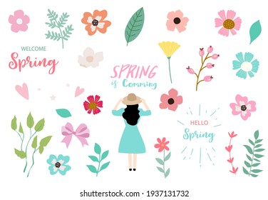 Colección de conjuntos de primavera con mujer,flor.Ilustración vectorial editable para sitio web, invitación, postal y pegatina