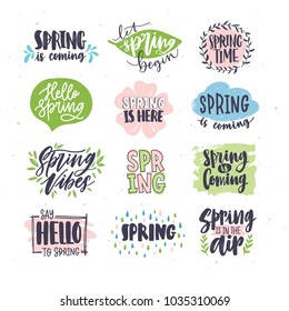 Collection of spring or springtime lettering handwritten with artistic calligraphic fonts and decorated by natural elements. Set of hand drawn creative inscriptions. Colorful vector illustration.