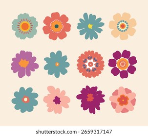 Collection of spring and summer flower icon, Botaical elements,Vector colorful set of wildflower, Hand-drawn blossom illustration for decor,sticker, print.