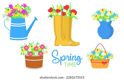 Collection of spring or summer flowers clip art. Bouquet of flowers in yellow boots, blue vase, pot and basket. Vector illustration.