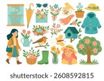 Collection of spring-themed elements with flowers, clothing, birds, trees, accessories and garden tools.