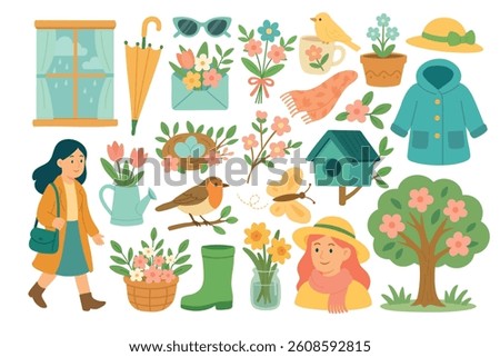 Collection of spring-themed elements with flowers, clothing, birds, trees, accessories and garden tools.