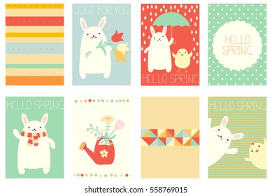 Collection of springtime banner, background, flyer, placard in hand drawn style with cute bunny. Holiday poster for scrapbooking. Vector template card for greeting, decoration in retro colors