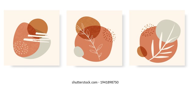 Eine Sammlung von quadratischen abstrakten Designs mit Doodles und verschiedenen Formen und Blättern. Zeitgenössische Kunst im Boho-Stil. Vektorgrafik. Für Postkarten, Dekoration, Cover Design, Web.