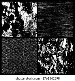 Collection of square abstract monochrome textures, 4 black and white textures with natural stripes, spots, scratches, loops and cracks, vector illustration
