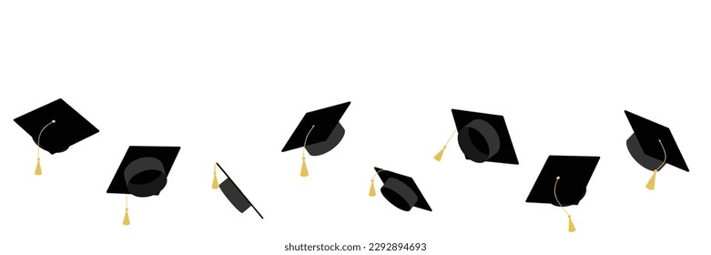 Collection square academic cap. Mortarboard icons, graduate cap in black color with gold tassel. Throwing square academic caps, set. Vector illustration