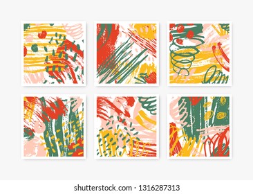 Collection of square backgrounds with abstract hand drawn textures. Set of backdrops with colorful paint traces, stains, blots, scribble. Creative artistic vector illustration in modern art style.