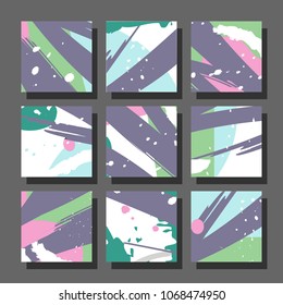 Collection of square backgrounds with bright abstract drawings. Dynamic compositions with chaotic strokes, stains and sprayed paint. Perfect for brochures, advertising, invitations, postcards