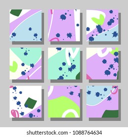 Collection of square backgrounds with bright abstract drawings. Dynamic compositions with chaotic strokes, stains and sprayed paint. Perfect for brochures, advertising, invitations, postcards and othe