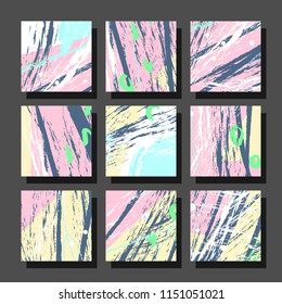 Collection of square backgrounds with bright abstract drawings. Dynamic composition with torn strips. Perfect for brochures, advertising, invitations, postcards and other printed products