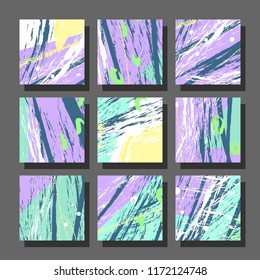 Collection of square backgrounds with bright abstract drawings. Dynamic composition with torn strips. Perfect for brochures, advertising, invitations, postcards and other printed products