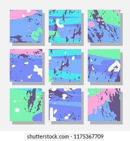 Collection of square backgrounds with bright abstract drawings. Dynamic compositions with chaotic strokes, stains and sprayed paint. Perfect for brochures, advertising, invitations, postcards