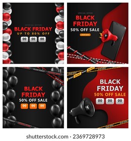 Kollektion von quadratischen Bannern mit Verkauf Countdown, Shopping-Button, gekreuzte Bänder, Ballons, Megaphon, Smartphone für Black Friday. Werbeplakate, Flyer, Karten mit Rabatt auf Online-Shopping