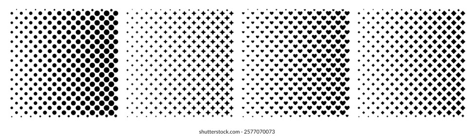 Collection of square black halftones. Halftone gradient texture of dots, hearts and rhombuses. Gradient repeating dots. Set of square halftone dot backgrounds.
