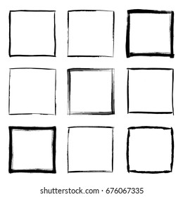Collection of square black hand drawn grunge frames, borders set. Set of design elements. Vector illustration in black isolated over white.