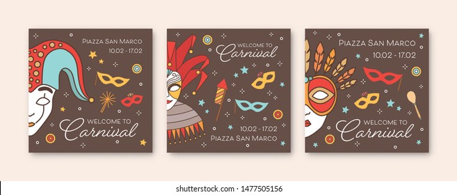 Collection of square card or party invitation templates with traditional Venetian masks and costumes for carnival, Mardi Gras show, performance or masquerade ball. Vector illustration in linear style.