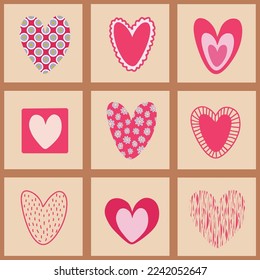 Colección de cartas cuadradas con corazón de forma diferente dibujado a mano. Patrón transparente. Para la reserva de recortes, saludos, proyectos DIY.