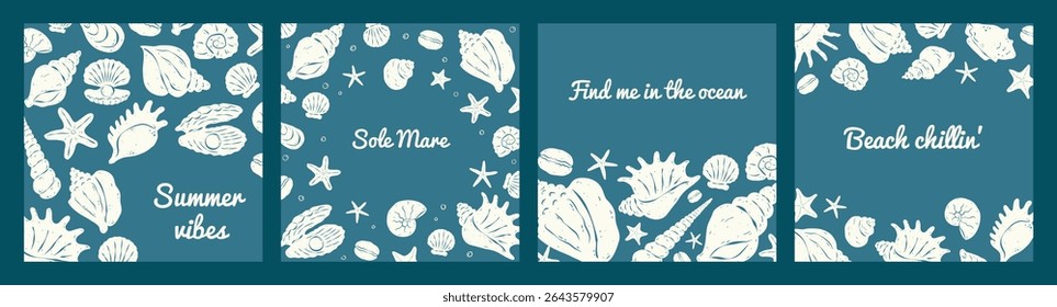 Collection of square cards with hand drawn seashells and text on blue green background. Rough lines and italian sketch style. Flat vector illustration. Perfect for poster, cover, social media.