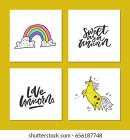 Collection of square cards with hand drawn lettering and cute unicorn themed symbols.