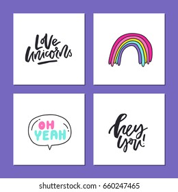 Collection of square cards with hand drawn lettering and cute unicorn themed symbols.