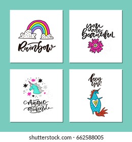 Collection of square cards with hand drawn lettering and cute unicorn themed symbols.