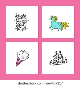 Collection of square cards with hand drawn lettering and cute unicorn themed symbols.