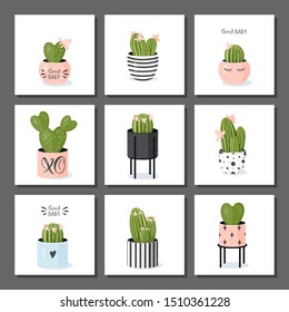 a collection of square cards with potted blooming cacti in cute stylish modern flowerpots; vector illustration in cartoon style in soft colors: blush pink, pastel blue, black and white