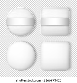 Collection of square and circle white powder puffs template. Realistic 3d makeup sponges for compact powder, foundation cushion. Template of cosmetic items isolated on transparent background