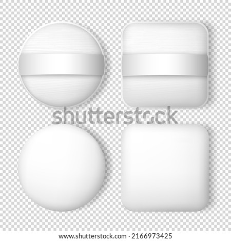 Collection of square and circle white powder puffs template. Realistic 3d makeup sponges for compact powder, foundation cushion. Template of cosmetic items isolated on transparent background